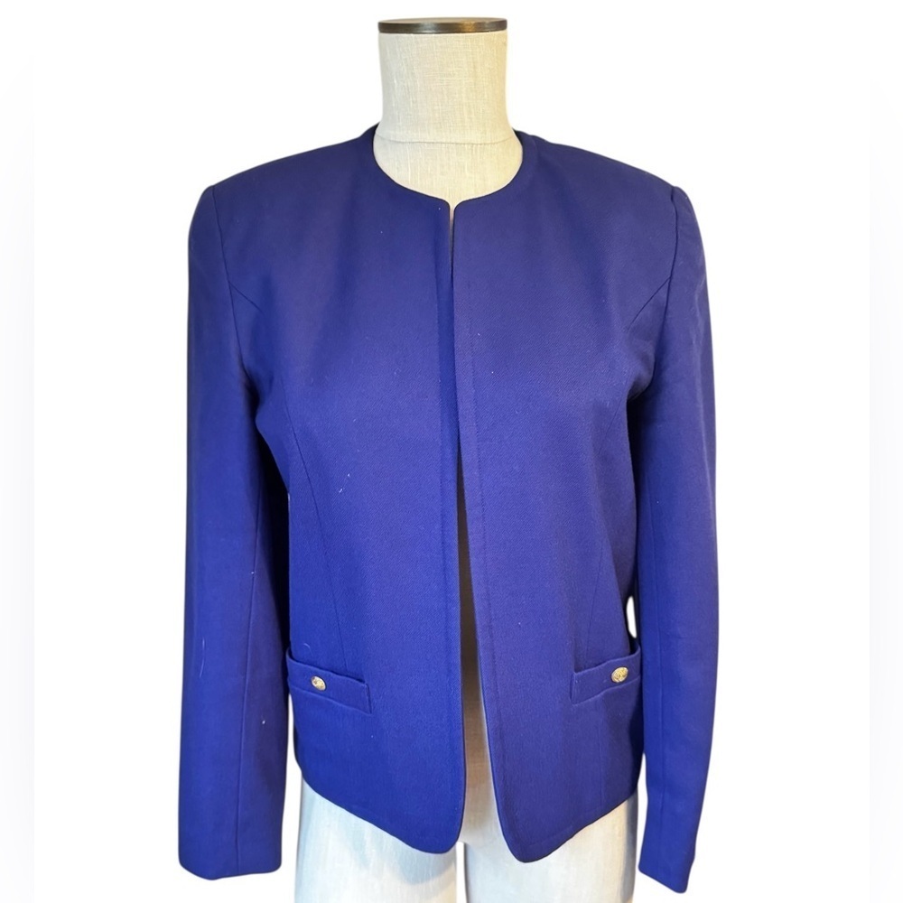 Talbots Vintage Women’s Cobalt Blue 100% Wool Collarless Open Blazer Sz 4
